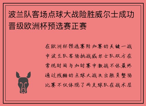 波兰队客场点球大战险胜威尔士成功晋级欧洲杯预选赛正赛